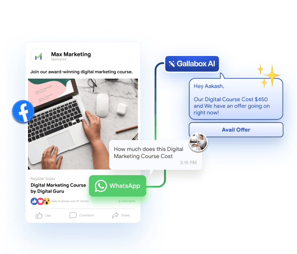Social media post promoting a digital marketing course with chatbot interaction, offering details and WhatsApp registration.