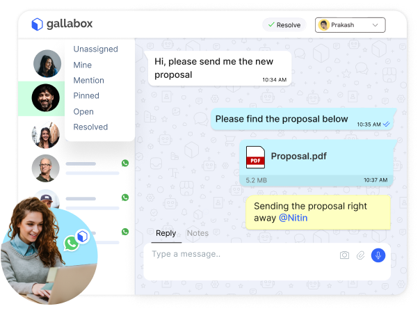 A pictorial representation of Gallabox's shared team inbox on WhatsApp for businesses of all sizes